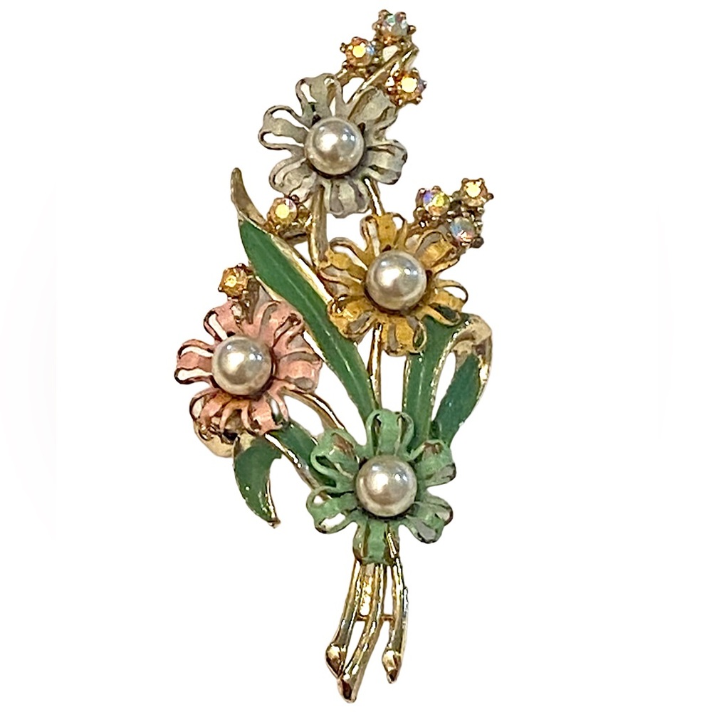 Vintage 1950s Painted Flowers Brooch